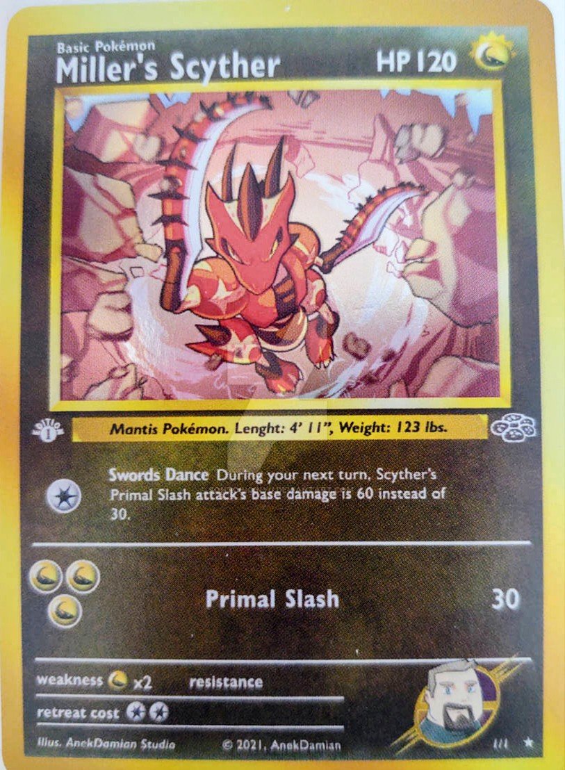 Killer_Miller50's tweet photo. @Ranorimoto01 @ThompsonAlonte @Qobrosi #pokemonart #scyther This is a card I had commissioned back in '21. It's a dragon type Scyther. Art by AnekDamian Studios. I mean who wouldn't want a dragon type Scyther, especially one that resembles our red shiny from Pokemon Colleseum! https://t.co/Sj4yHs6RQs