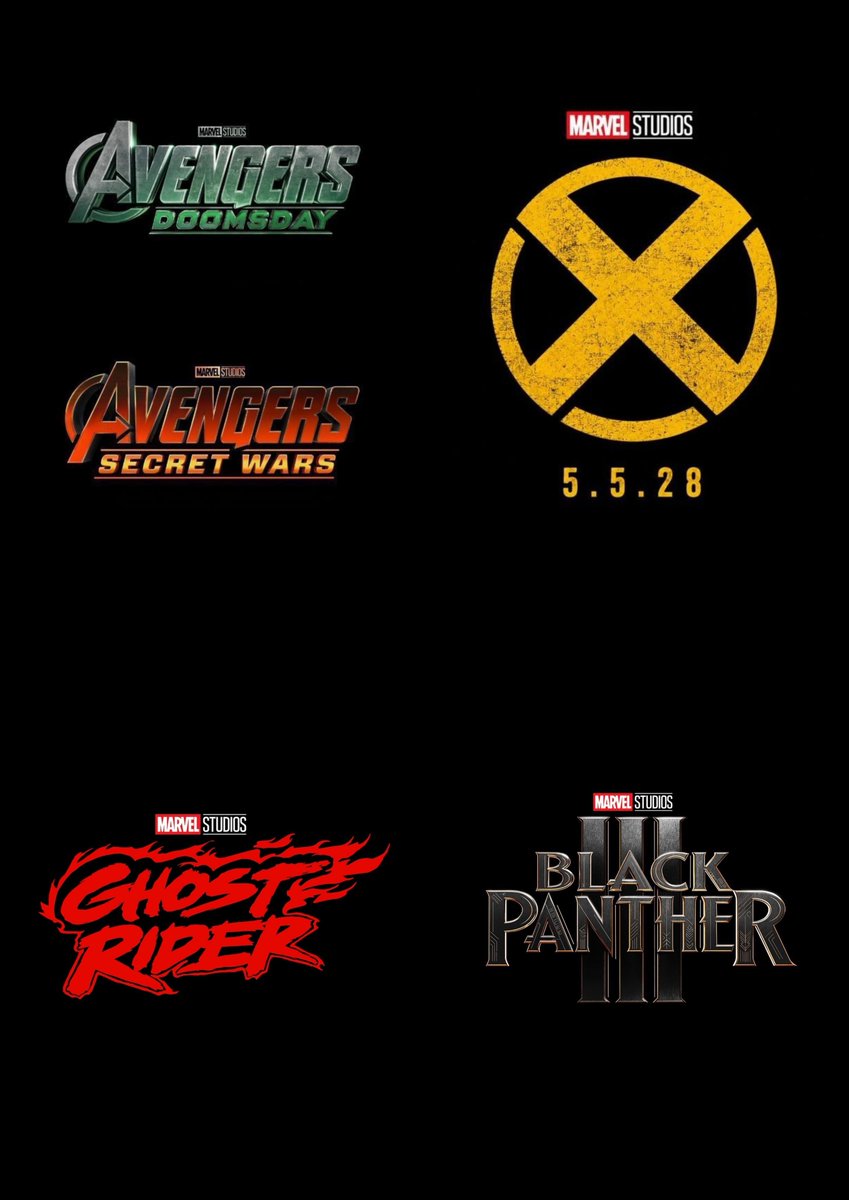 Nerd_Talks_'s tweet photo. Marvel Studios' Upcoming Theatrical Releases:

2026:

• December 18 — Avengers: Doomsday

2027:

• December 17 — Avengers: Secret Wars

2028:

• May 5 — X-Men
• July 28 — Ghost Rider
• December 15 — Black Panther 3 https://t.co/sEDNFnIDW8