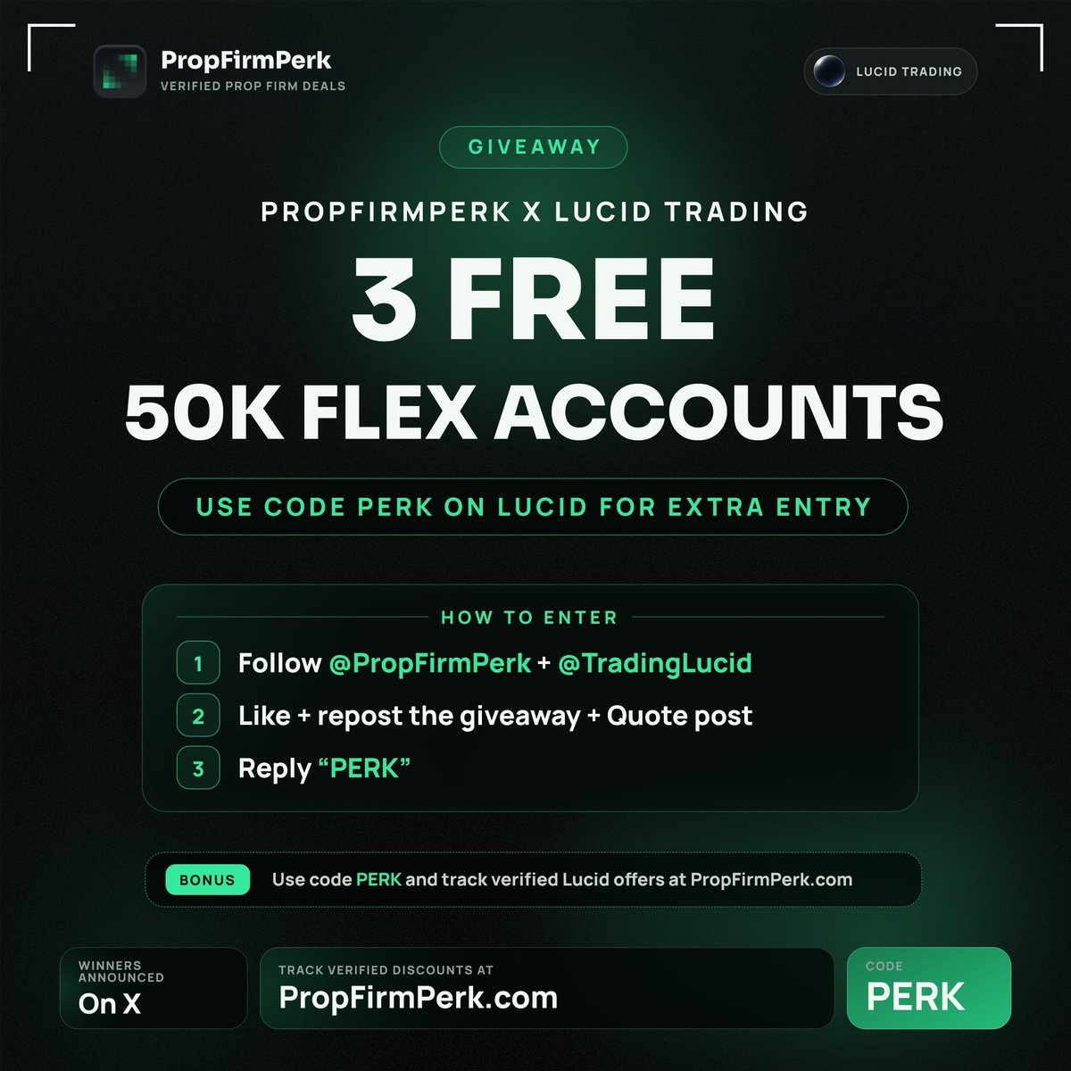PropFirmPerk's tweet photo. Giveaway time.

Lucid Trading 50K Flex Account.

Bonus entry: Use code PERK at Lucid

How to enter:
1. Follow @PropFirmPerk  + @TradingLucid
2. Like + repost ( Quote Post Also )
3. Reply “PERK”

Winners announced in 24 hours.