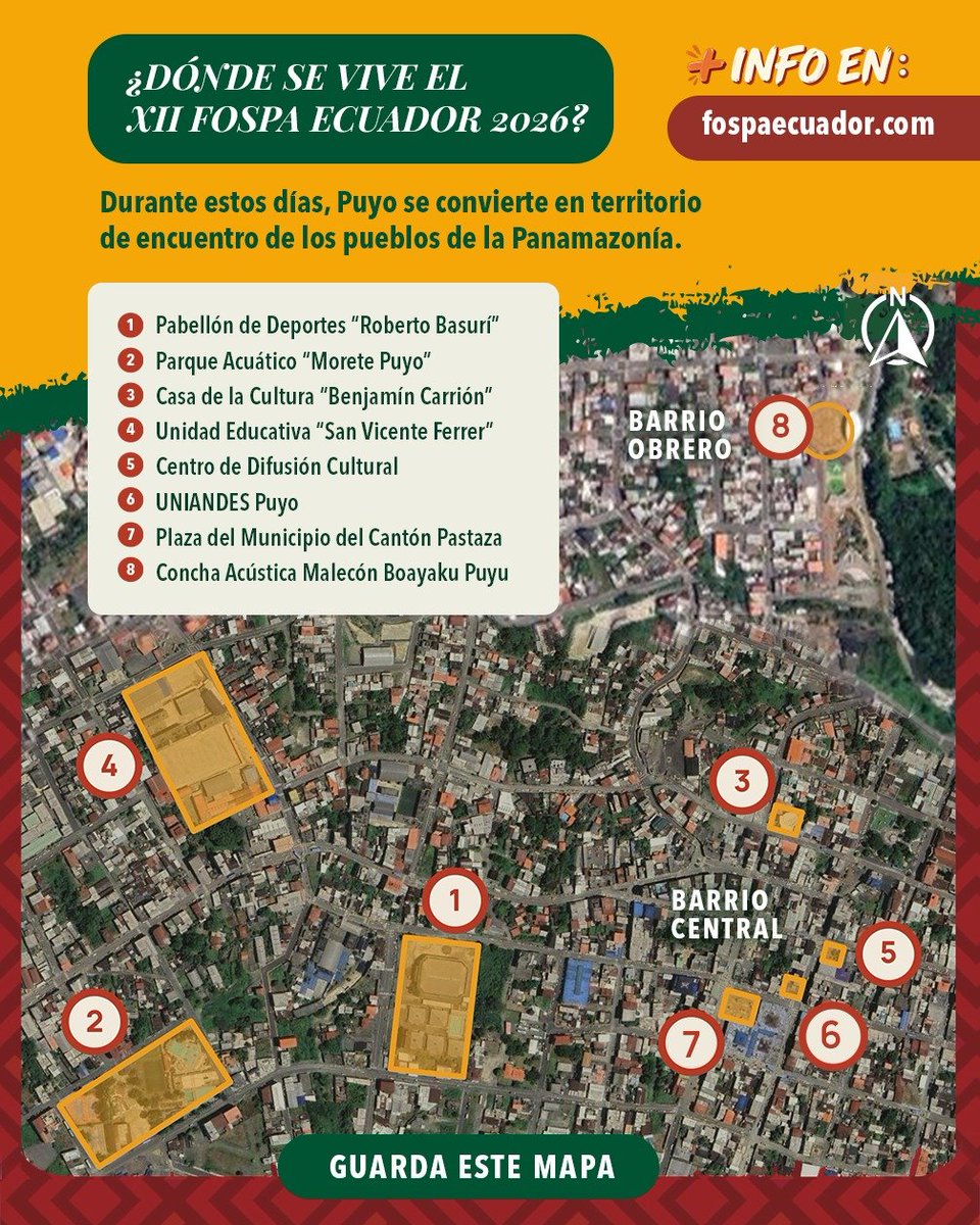 FospaOficial's tweet photo. 🌿 ¡Puyo es territorio FOSPA! 🌎
Durante estos días, la ciudad será punto de encuentro para compartir, dialogar y construir juntos. 🤝🏽
🗺️ Guarda el mapa y encuentra tu próxima actividad.
✨ ¡Nos encontramos en el XII FOSPA Ecuador!
#FOSPAEcuador #XIIFOSPA #Panamazonía https://t.co/WnZDEWlxDn
