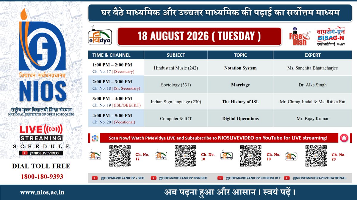 niostwit's tweet photo. 📺 #NIOSLIVE PCP | 18 August 2026

🎵 Hindustani Music
👥 Sociology
🤟 Indian Sign Language
💻 Computer &amp; ICT

⏰ 1:00 PM - 5:00 PM | #PMeVidya

🔗 https://t.co/GMma1v2Ofi

#OpenSchooling #DigitalEducation #HindustaniMusic #Sociology #ISL #ComputerICT #LearnFromHome https://t.co/NJY89dFkuv