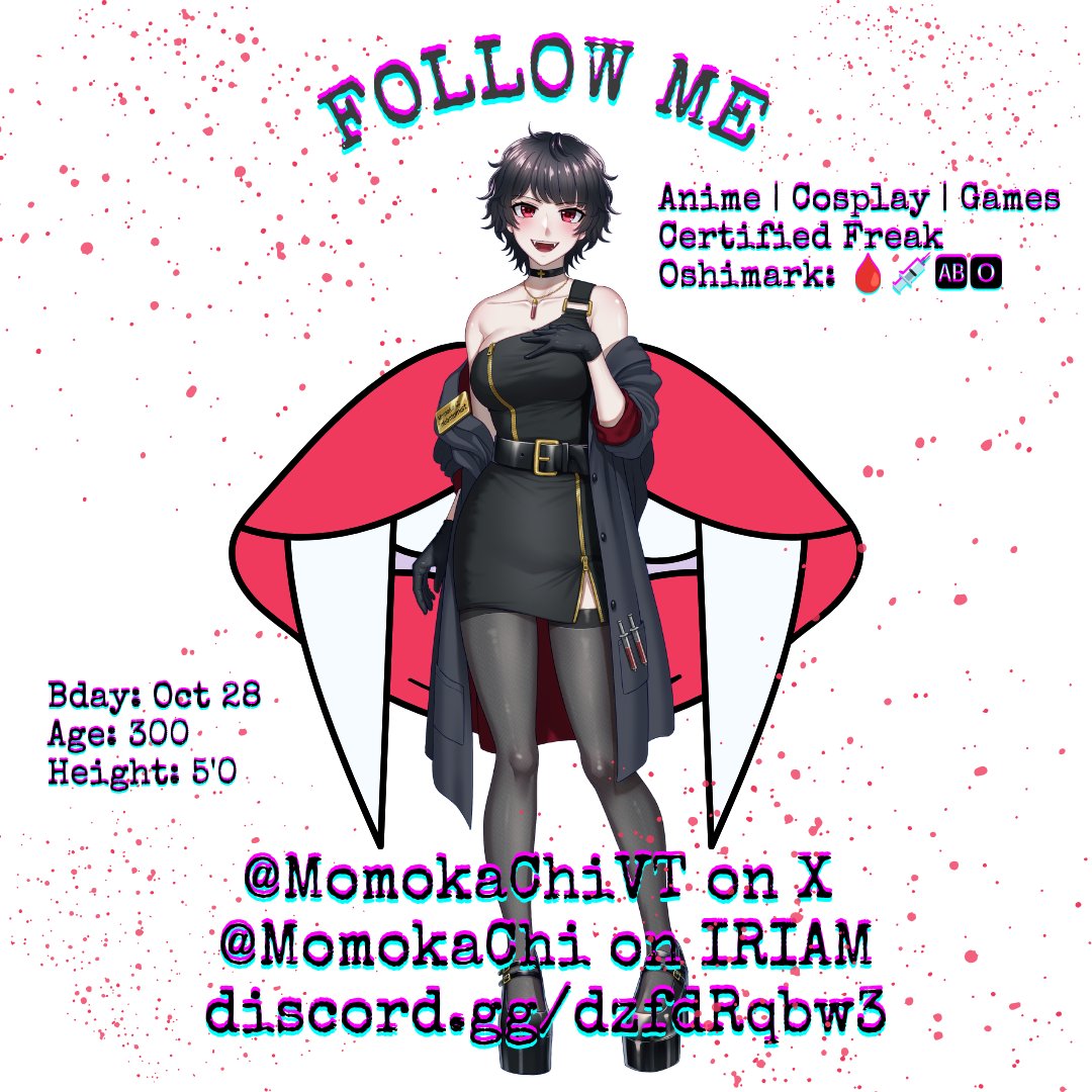 MomokaChiVT's tweet photo. [IRIAM FOLLOWFEST]
It's your favorite vampy freak girl, Momoka~ ´ཀ`
Follow me for the freakiest 2 hours everyday @ 6pm PT >ᵥᵥ<
Yap with me about anime, cosplay, games, and whatever your ྐ❤︎  desires  ཐི ₍^. ̞.^₎ ཋྀ 
#IRIAMMaintFollowFest #IRIAMFollowFest #IRIAM https://t.co/P8AFL808vE