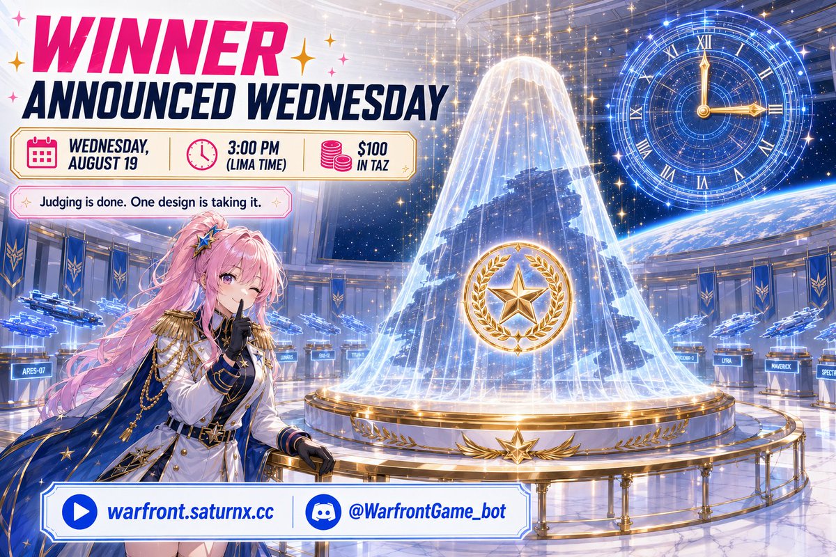 stellargate_io's tweet photo. 🏆 WINNER ANNOUNCED WEDNESDAY

📅 Wednesday, August 19
🕒 3:00 PM (Lima time)
💰 $100 in TAZ

Judging is done. One design is taking it.

Thank you to everyone who entered. See you Wednesday at 3. ⭐

▶️ https://t.co/hqGNGC1Z71
🤖 @WarfrontGame_bot https://t.co/SQCsHb8zTT