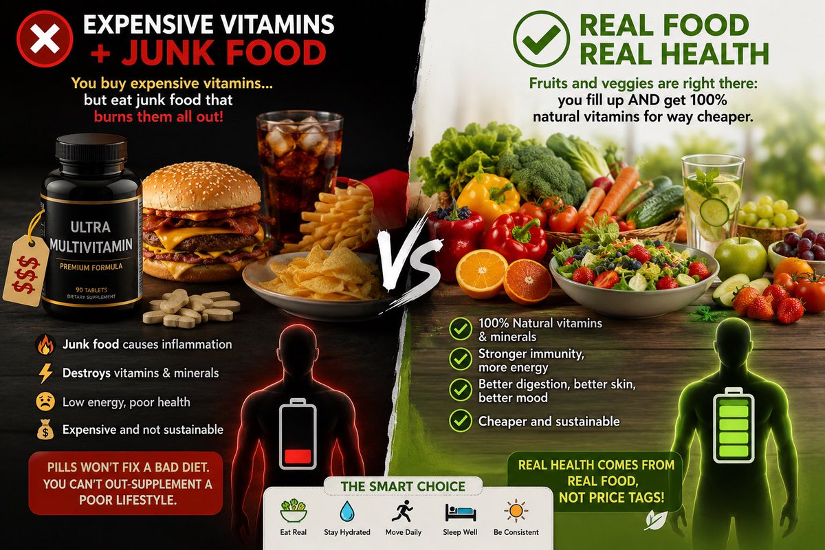 DailyTrackV's tweet photo. Buying crazy expensive #vitamins just to eat junk food that burns them all right back out?!

#Fruits and veggies are right there: you fill up AND get 100% #natural vitamins for way cheaper.

Pills won't fix a bad diet. Real #health comes from real #food, not price tags! https://t.co/Rg0wI4jMvu