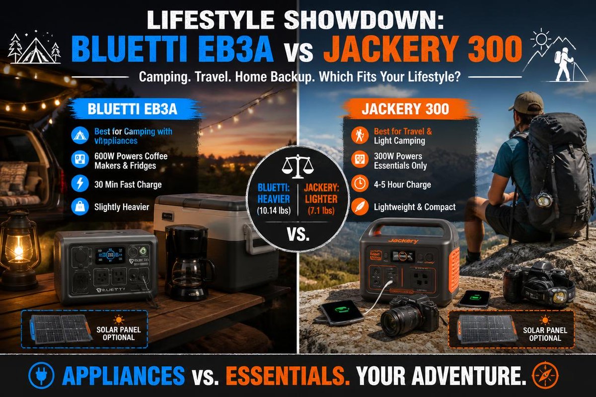 econex23's tweet photo. Which portable power station wins? ⚡ Discover our Bluetti EB3A vs Jackery Explorer 300 comparison and find the best choice for camping, emergencies, and backup power in 2026. 🔋👇🏻 https://t.co/yhK304QwNh
#BluettiEB3A #JackeryExplorer300 #PortablePowerStation #CampingGear #Sola https://t.co/3mXMI6zmf7