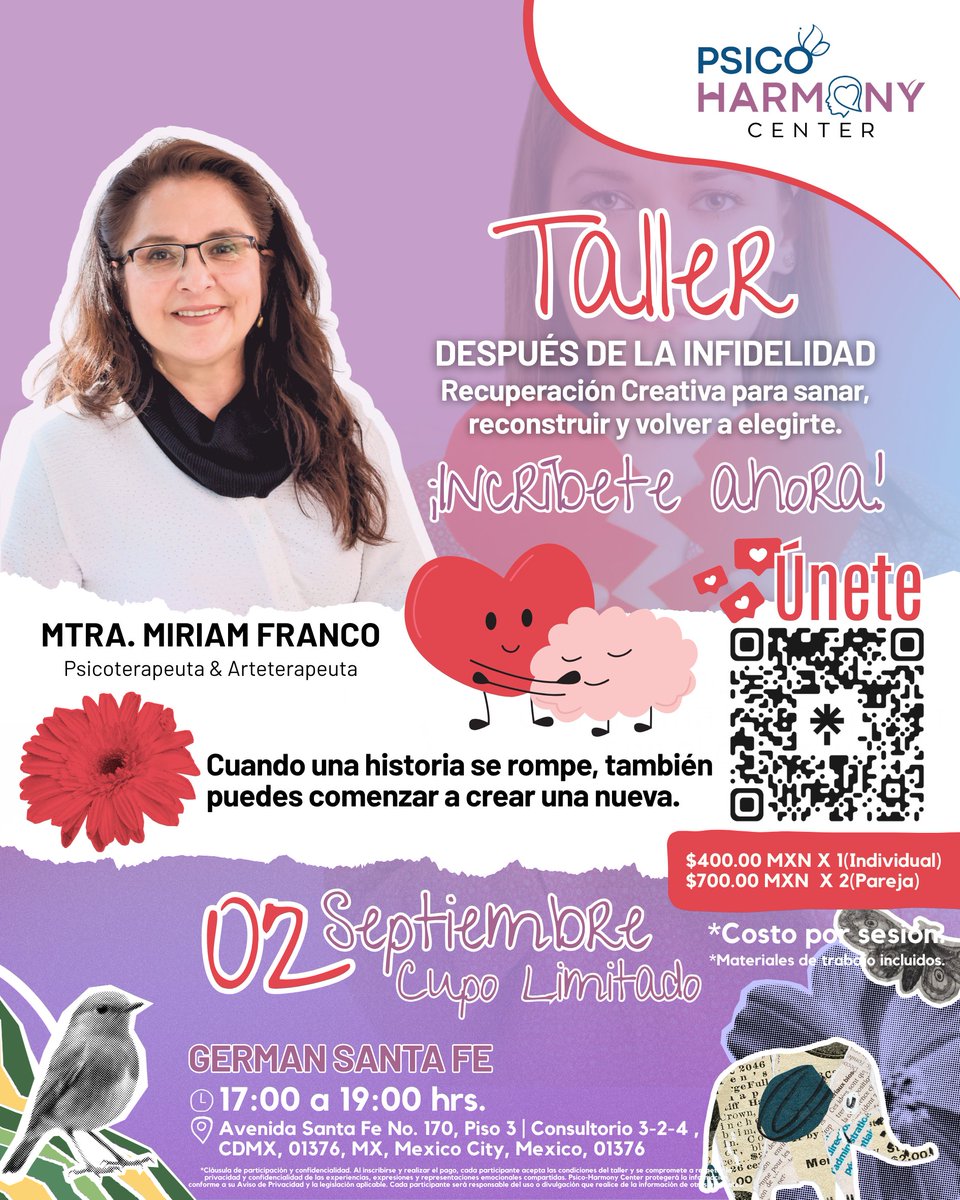 pharmonycenter's tweet photo. Participa en el taller “Después de la infidelidad”, con la Mtra. Miriam Franco, Psicoterapeuta y Arteterapeuta.

2 de septiembre | 17:00–19:00 hrs.
German Santa Fe, CDMX
Cupo limitado.
#SanarEsAvanzar #AmorPropio #SanaciónEmocional #SaludMental #Terapia #Siguemeytesigo #cdmx https://t.co/slVF8E1vsi