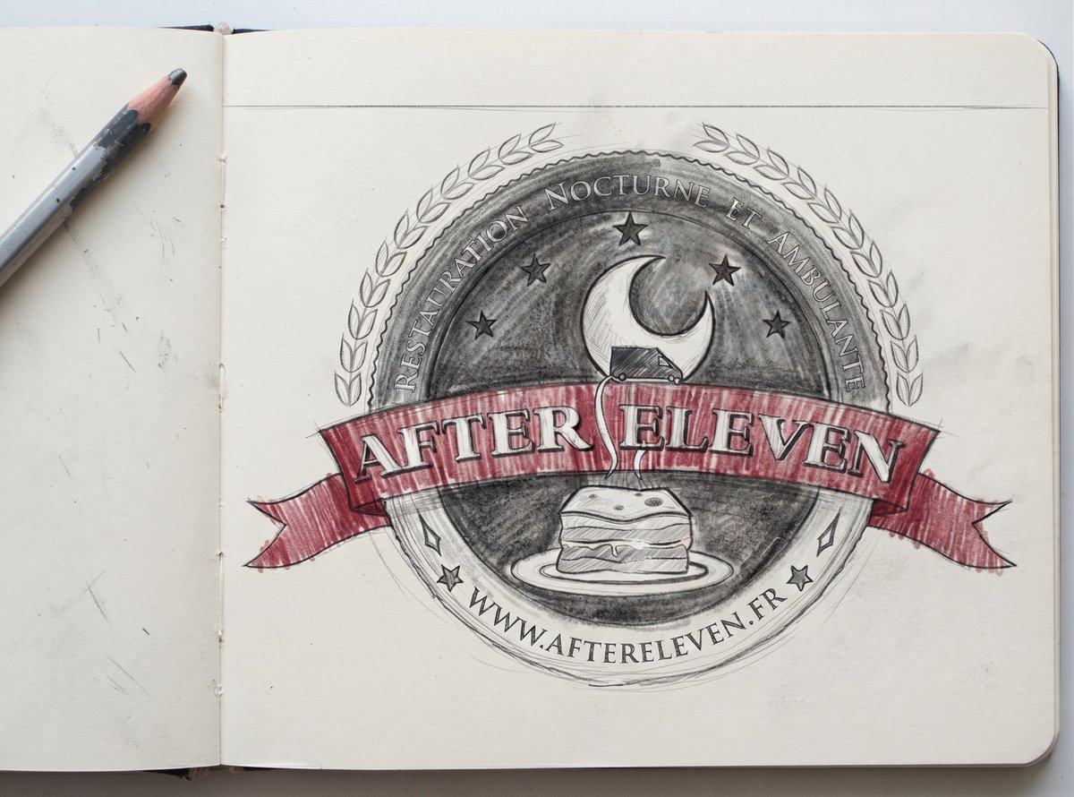 xianworks's tweet photo. One of my first logos: After Eleven. A late-night food truck serving French toast &amp; coffee to insomniacs. The emblem captures that magical, quiet moment after midnight. Sometimes the best brands are born from unexpected ideas https://t.co/2TNYonBE9q