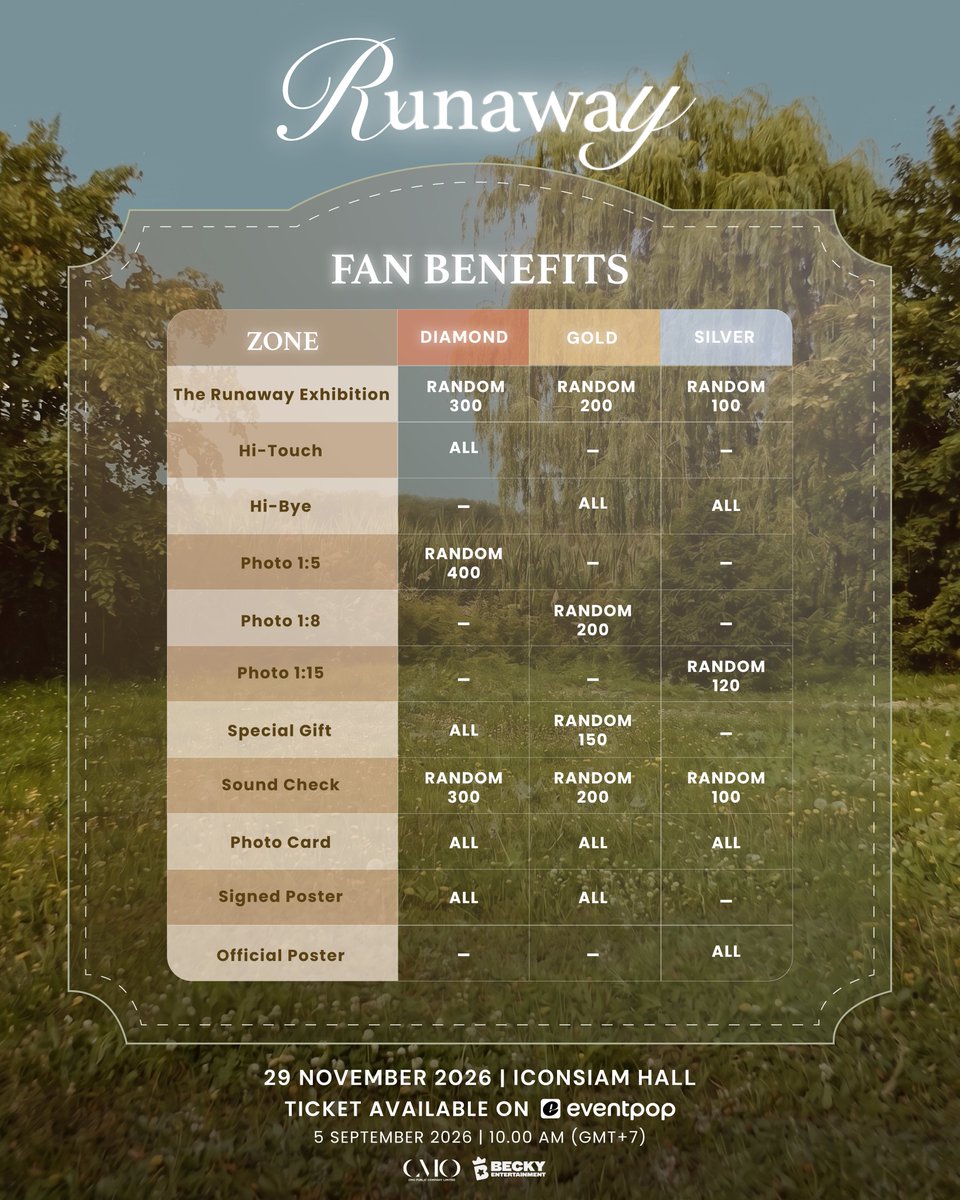 beckyentofc's tweet photo. 📢 Official Announcement: Ticket Sales & Fan Benefits

รายละเอียดผังที่นั่งและสิทธิพิเศษสำหรับ RUNAWAY — Happy Birthday Concert 🥀

📅 29 November 2026
📍 ICONSIAM HALL

🎟️ General Tickets Available on Eventpop
5 September 2026 | 10:00 AM (GMT+7)

🎟️ Becky's Angels Exclusive Experience Tickets Available on Eventpop
11 September 2026 | 10:00 AM (GMT+7)

#BeckyConcert2026 #BeckyHappyBirthdayConcert #beckysangels #BeckyArmstrong
#BeckyEntertainment