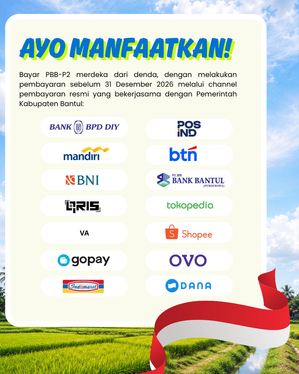 bpkpadbantul's tweet photo. Pemkab Bantul Hapus Denda PBB-P2 Tahun Pajak 1994–2025, Manfaatkan hingga 31 Desember 2026.
Bantul, 18 Agustus 2026 Dalam rangka menyambut Dirgahayu Republik Indonesia, Pemerintah Kabupaten Bantul memberikan kebijakan penghapusan sanksi administratif berupa denda atas tunggakan https://t.co/UnIqkyn7q5