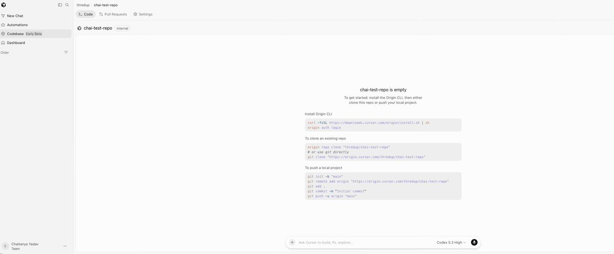 believec_me's tweet photo. Was just setting up origin. It is too tightly integrated with Cursor to my liking. I do not want my code on one particular agent platform. Interesting to see how it evolves. https://t.co/9GoWQXkP0P