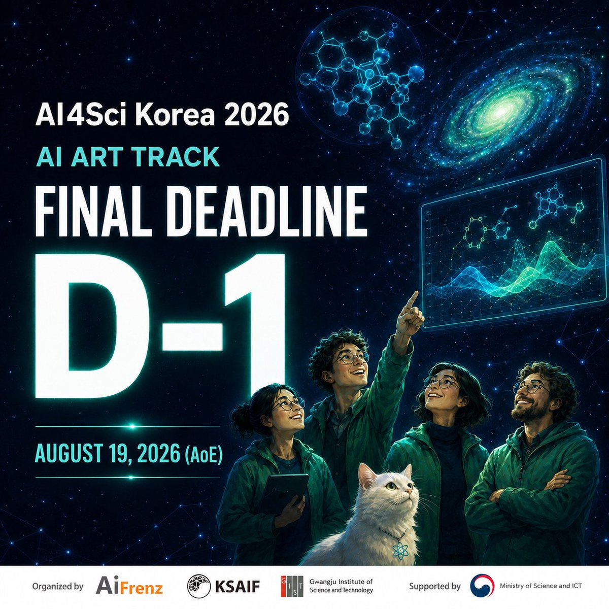 aifrenzx's tweet photo. 🎨 AI Art Track deadline: D-1!

Submit AI-generated scientific visuals, data visualizations, graphical abstracts or outreach art by Aug 19, 2026 (AoE).

Free entry. Up to 2 works per person.
🔗 https://t.co/t24d7oPMLG
#AI4SciKorea #AIArt https://t.co/NL2pEeJlaf