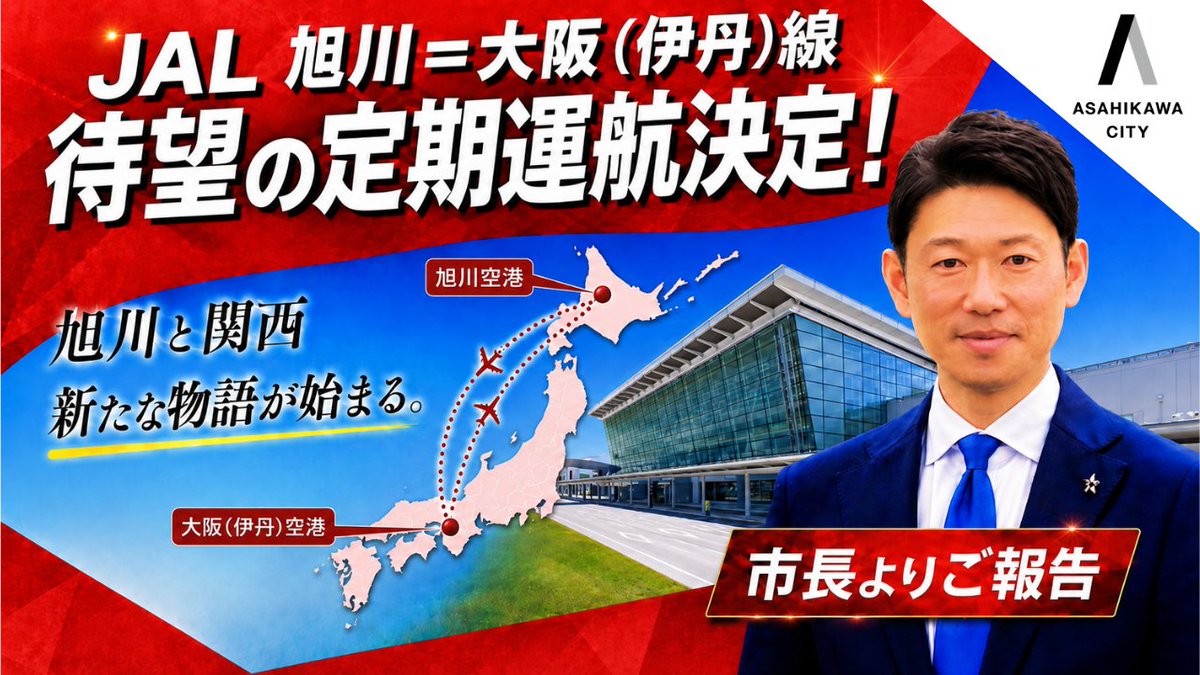 asahikawa_jp's tweet photo. ＼JAL旭川＝大阪(伊丹)線の運航決定！✈／

JAL旭川＝大阪(伊丹)線が10/25(日)から、毎日1往復の運航を開始します🎉
この度の定期便運航にあたり、長内豊中市長、北口榛花選手からお祝いメッセージが届いています✨

皆さん、ぜひご覧ください！✈

★今津市長からの発表動画はこちらから
https://t.co/ZfQSUF99Sh

★運航スケジュールなどはこちらから
https://t.co/qOByNRnYeV

★本日8/18(火)の記者会見についてはこちらから
https://t.co/Htfpnie6Yn

#旭川市 #旭川市航空課 #待望の定期便