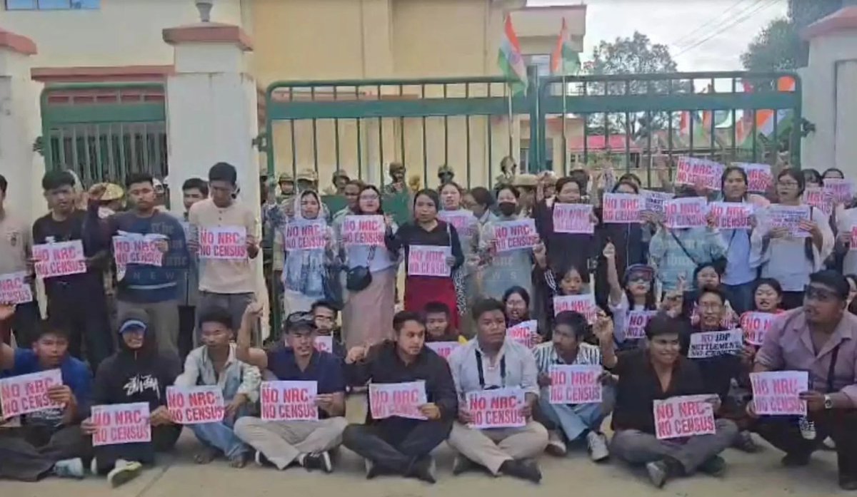AskAnshul's tweet photo. This is from Manipur.

A protest by students which will not be highlighted by so-called Gen Z leaders because this protest does not suit their agenda.

In Manipur, students are protesting and demanding the implementation of NRC in the state.

They insist that a census cannot be conducted before NRC. First, implement NRC, and then carry out the census. And if there is no NRC, then no census.

Why is there a demand for NRC?
Because many illegal immigrants were found to be involved in activities such as poppy cultivation, encroachment on forest land, and working with militant groups based in Myanmar.

When the people of Manipur are demanding NRC in the state, what is stopping the Govt from implementing it?

This is a very legitimate demand by Manipur students. NRC is no longer a choice but a necessity.