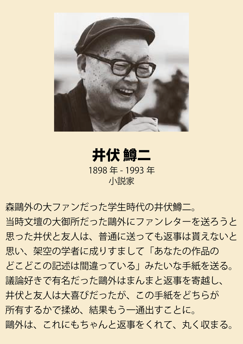 shinjisumaru's tweet photo. 「クソリプ送ったら推しから返信届いた」を森鷗外にやってしまう学生時代の井伏鱒二。 https://t.co/pjHwoyA0Ng