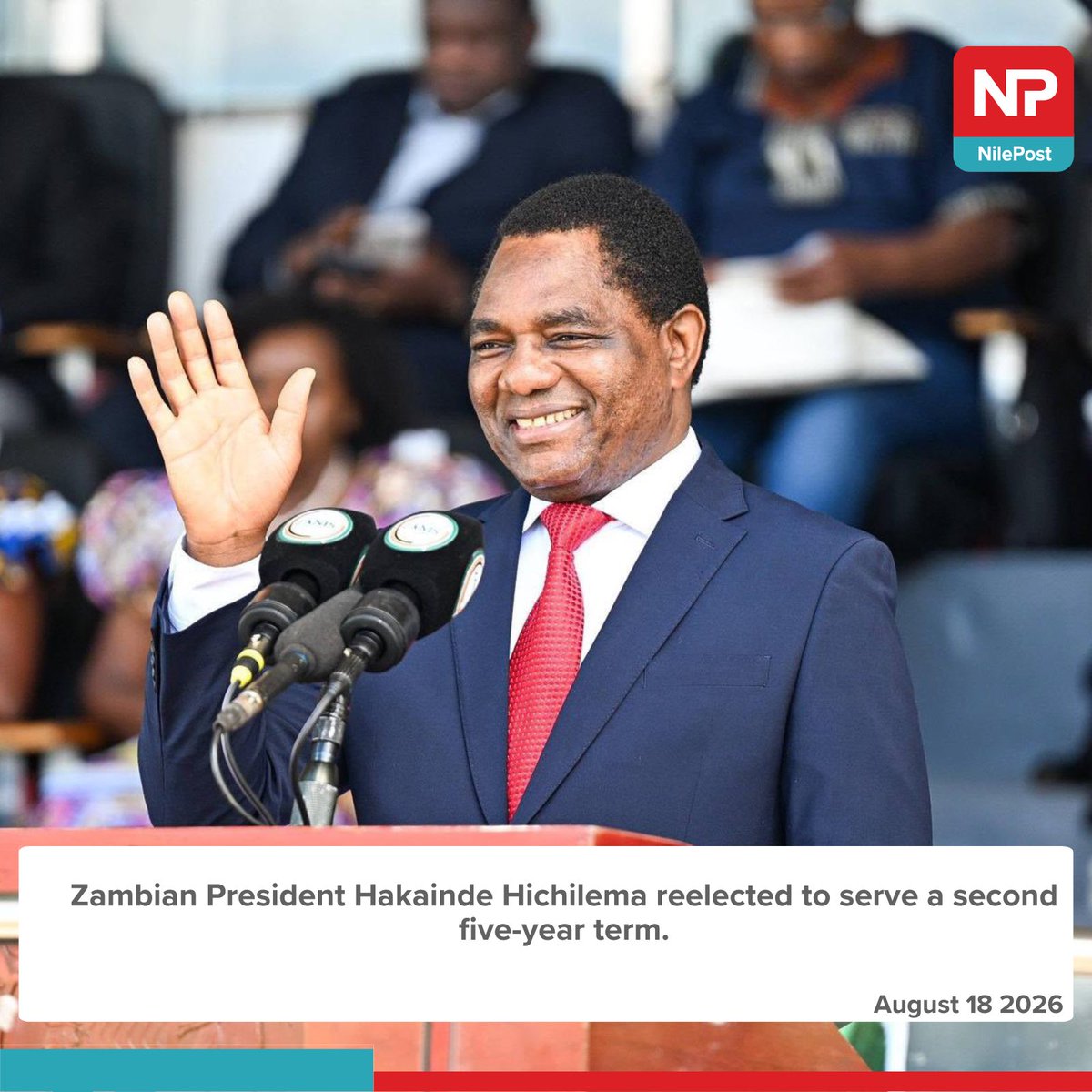 nilepostnews's tweet photo. Zambian President Hakainde Hichilema reelected to serve a second five-year term.

#NilePostNews https://t.co/rmlvygJViK