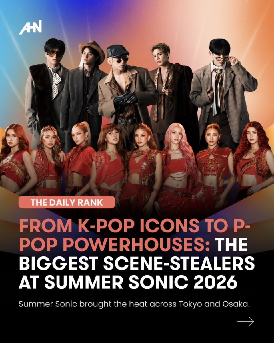 binicrave's tweet photo. Following high-energy sets in Tokyo and Osaka, BINI (@BINI_ph) earned the #1 spot on Asian Hustle Network's list of Summer Sonic 2026 scene stealers. 

The P-pop group standout debut paid homage to Philippine culture through ‘Sarimanok-inspired’ elements and featured Japanese versions of their tracks. 

📸: Asian Hustle Network Official FB page 

BINI LIGHTS UP TOKYO
#BINI_SummerSonic_Tokyo
#BINIxSummerSonic2026
#サマソニ