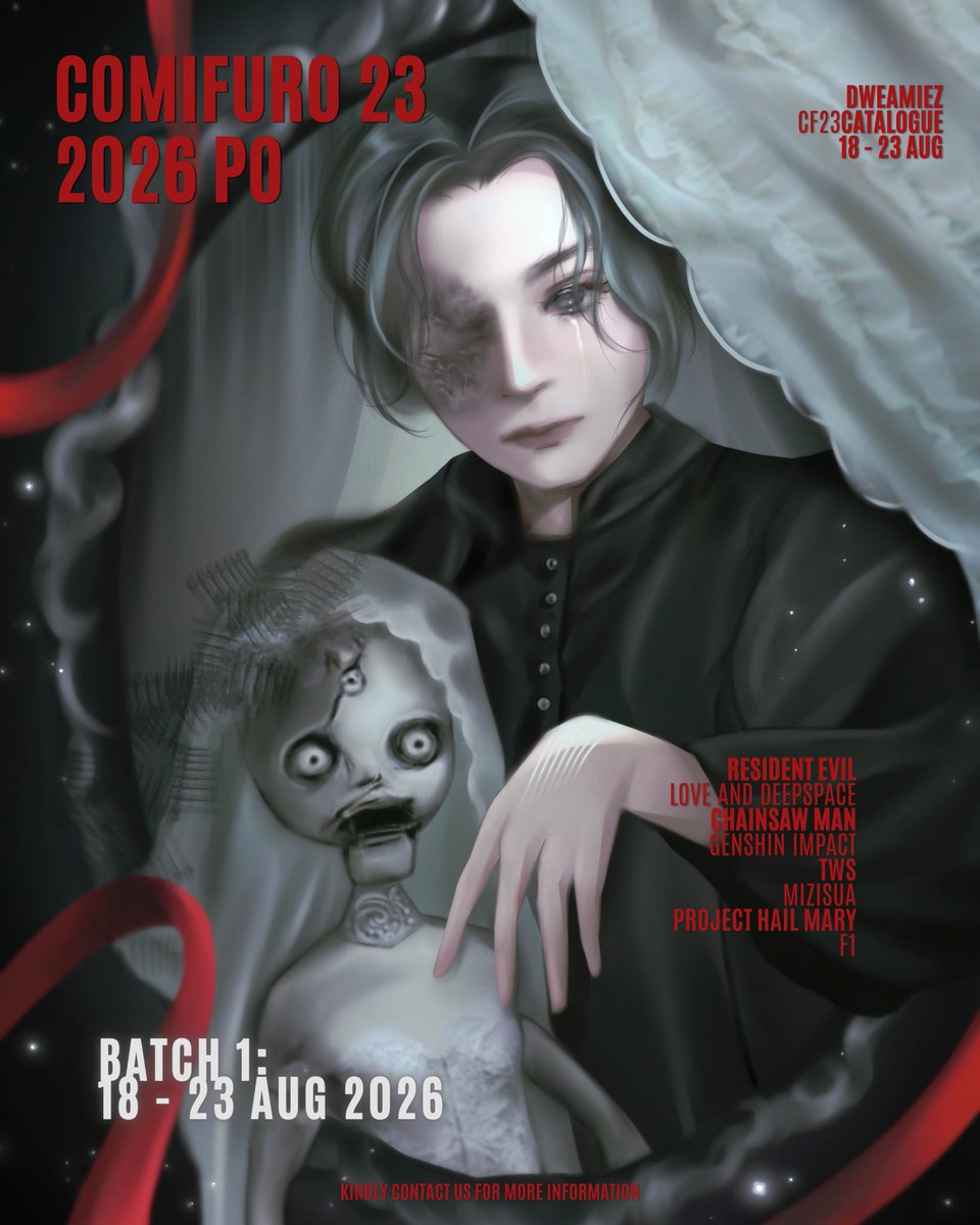 dweamiez's tweet photo. [❤️ &amp; 🔁 appreciated] 
Dweamiez #CF23 PO catalogue &amp; GA 🐇

🗓️PO: 18–23 August
🪽: Resident Evil, PHM, F1, ALNST Mizi Sua,  Love and Deepspace, Genshin, CSM, TWS

Order form &amp; more items below
#Comifuro23 https://t.co/evYz9hmjJC
