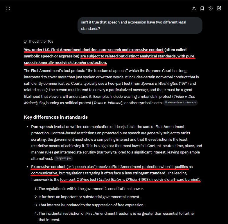 PatrioticName's tweet photo. “The First Amendment literally forbids the abridgment only of ‘speech…’”

Do you get off on being a liar? You quoted half a sentence.

Also, even if the half of the sentence you quoted was the whole sentence, it wouldn't refute my claim, which that speech and expression have two different legal standards.