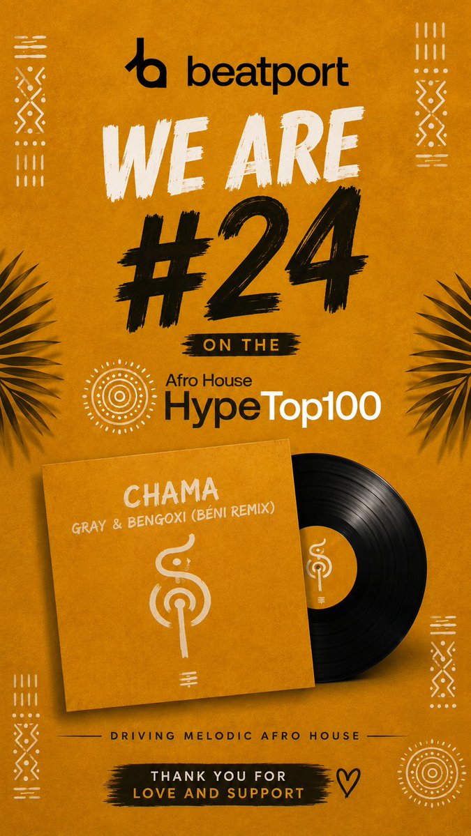 djgraylive's tweet photo. WE ARE #24! 🔥

“Chama (BĒNI Remix)” by GRAY &amp; Bengoxi has reached #24 on the Beatport HypeTop100 Afro House chart! 🖤🟠

https://t.co/vo6VdHBbmj

#Beatport #AfroHouse #Chama #MelodicAfroHouse #GRAY https://t.co/bBNjjK9P0K