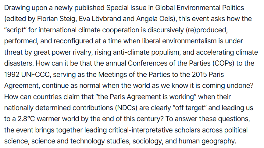 BISA_ECPWG's tweet photo. New event!

'The show must go on? Revisiting the script of international climate cooperation ten years after Paris', this event is launching a new Special Issue in GEP, edited by Florian Steig, Eva Lövbrand &amp; Angela Oels.

Online, 1-2.30pm BST 30th Sep.

https://t.co/SWPJVGLw6b https://t.co/2lhkaZdV4Y