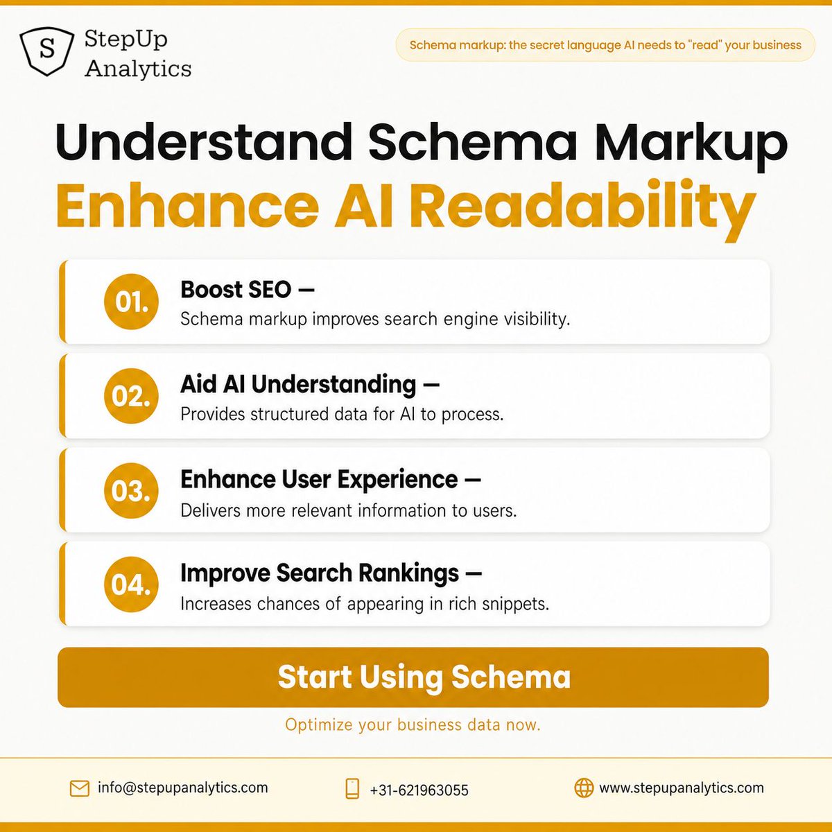StepUpAnalytics's tweet photo. Unlock the potential of schema markup to boost your business's online presence. By using structured data, you enhance AI readability, improve SEO, and provide better user experiences, leading to the coveted rich search results. En https://t.co/fEiHaTGxgI