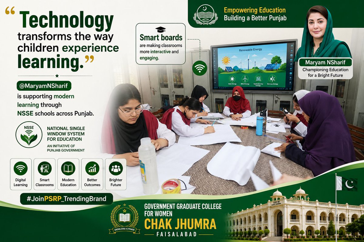 GGCWCJf's tweet photo. “Technology transforms the way children experience learning.”

@MaryamNSharif is supporting modern learning through NSSE schools across Punjab.
Smart boards are making classrooms more interactive and engaging.
#JoinPSRP_TrendingBrand https://t.co/ky7TO6fz9W