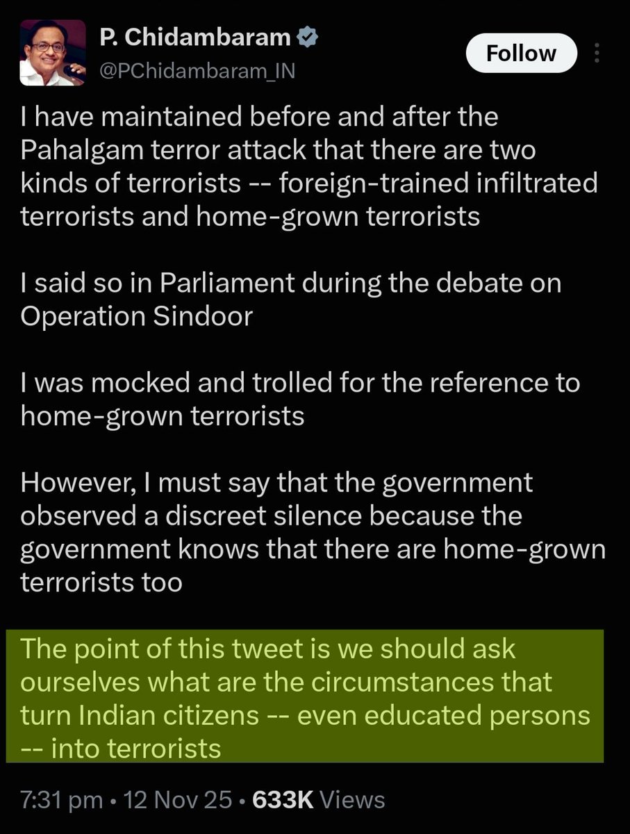 rishibagree's tweet photo. @PChidambaram_IN A dimagi Naxal who defended Terrorists and justified the gruesome Pahalgam attack on Hindus https://t.co/Y024uChuTp