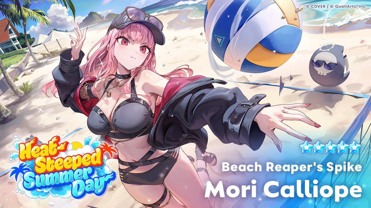holo_dreams_en's tweet photo. /／
A new ★5 Member enters the stage!✨
Available in the gacha starting Monday, August 17 at 11:00 AM (JST)!🎉
\＼

Revealing the illustration for
★5 [Beach Reaper's Spike] Mori Calliope💀

Obtain both her Park Outfit and Live Outfit when pulling her!✨

#holodori @moricalliope https://t.co/8uNk1ueSbm