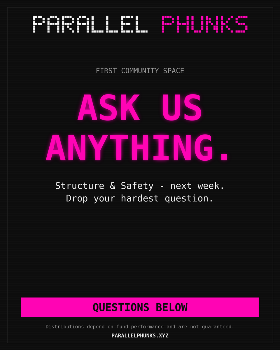 ParallelPhunks's tweet photo. First community Space is coming next week: "Structure & Safety."

Founders answering the hard questions live — regulation, the fund, the copycat, the restart. Nothing off-limits.

Drop your hardest question below. We'll answer ALL of them. 👇

#RWA #Robinhood #RobinhoodChain #robinhoodsummer #RobinhoodNFTs