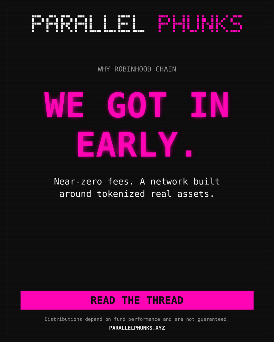 ParallelPhunks's tweet photo. Why Robinhood Chain?

Near-zero fees, Ethereum security, and an entire network emerging around tokenized real-world assets.

 It’s where "NFTs with real-world rights" are becoming the norm—and we got in early.

#RWA #Robinhood #RobinhoodChain #robinhoodsummer #RobinhoodNFTs