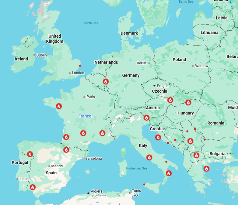 PhilSchachinger's tweet photo. These are the wildfires Google Maps shows across Europe 🔥 https://t.co/wS9vgPqH4g