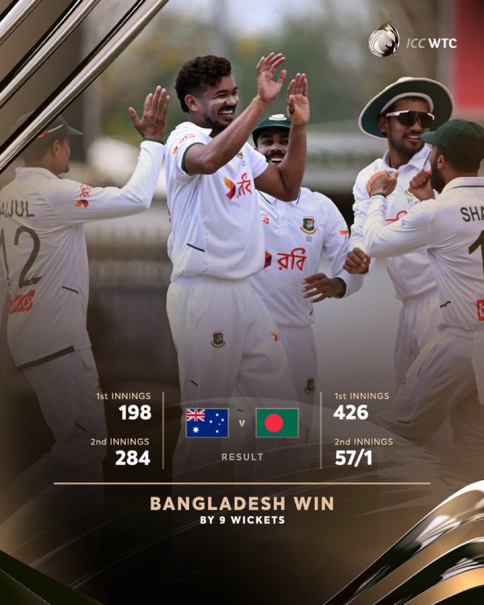 malikshah56's tweet photo. History in Darwin! 🇧🇩🔥

The Bangladesh Tigers have stunned the hosts in spectacular fashion, defeating Australia by 9 wickets in Darwin! 🏏

A historic first-ever Test victory for Bangladesh on Australian soil. What a performance! 🇧🇩🐯

#AUSvBAN #Bangladesh #Tigers https://t.co/0g3IfxH7Hm