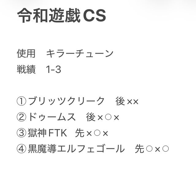 sai_OOO8's tweet photo. 令和遊戯CSに参加してきました。
キラーチューン使用して1-3
プランもふわふわしたまま臨んだのが良く無かったなぁ...
構築、プレイ見直して頑張ります。
#令和遊戯CS https://t.co/NUN8Xb0cDu