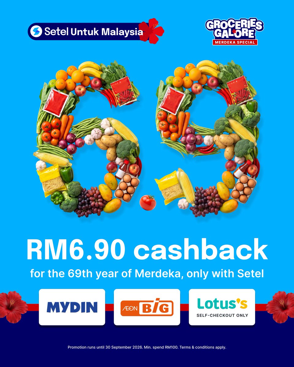 setel's tweet photo. Psst… take a peek at your kitchen 👀 

What’s on the grocery list this time?
Stock up on your everyday essentials and enjoy RM6.90 cashback when you spend a minimum of RM100 in a single transaction at Mydin, AEON BiG or Lotus’s stores with Setel 🛒✨

📅 15 Aug – 30 Sep 2026

DuitNow transactions are not eligible for this cashback.

Terms & conditions apply.