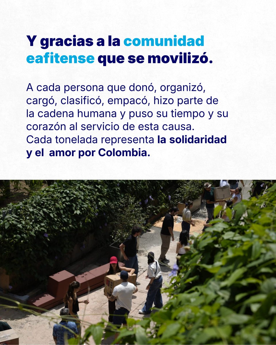 EAFIT's tweet photo. 🙌 Con la ayuda de cientos de personas, entre el 11 y el 15 de agosto logramos movilizar más de 122 toneladas de donaciones 📦 hacia las comunidades afectadas por el terremoto.
Detrás de cada caja hubo alguien que decidió donar. Detrás de cada camión, personas que organizaron, cargaron, clasificaron y trabajaron para que esa ayuda llegue a donde se necesita. 💙
🚚 Cada camión que salió de EAFIT llevaba mucho más que una carga: llevaba la decisión colectiva de hacer algo concreto frente a lo que está pasando. 
A quienes donaron, gracias por confiar y por convertir su generosidad en ayuda. A cada voluntario, gracias por poner el tiempo y la energía. Y una gratitud especial a los estudiantes @cas.oe de la @oeeafit que asumieron el liderazgo de esta iniciativa y la hicieron posible.