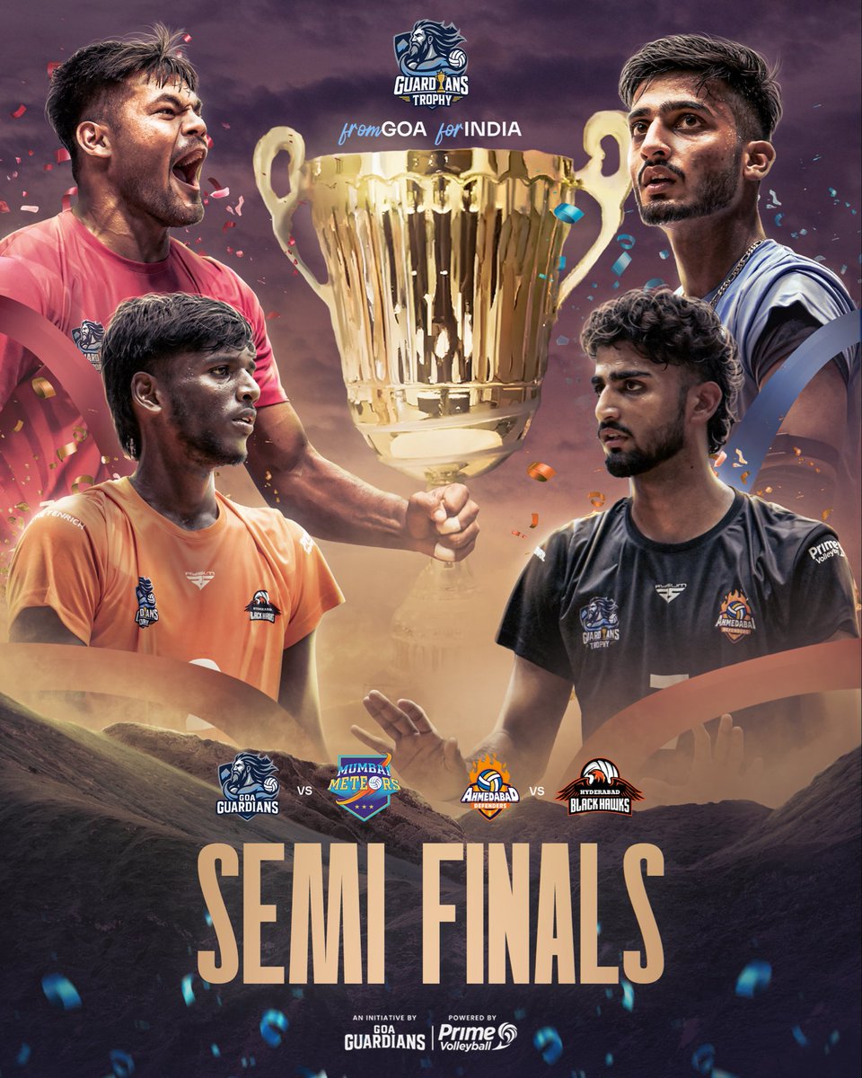 GoaVolleyball's tweet photo. 𝗡𝗼𝘄, 𝗶𝘁’𝘀 𝘁𝗶𝗺𝗲 𝗳𝗼𝗿 𝘀𝗼𝗺𝗲 𝗸𝗻𝗼𝗰𝗸𝗼𝘂𝘁 𝘃𝗼𝗹𝗹𝗲𝘆𝗯𝗮𝗹𝗹 𝗮𝗰𝘁𝗶𝗼𝗻. 🏐🔥

Goa Guardians U21 vs Mumbai Meteors Youth
⏰ 8:30 AM

Ahmedabad Defenders U21 vs Black Hawks U21
⏰ 10:30 AM

The #GuardiansTrophy 2️⃣0️⃣2️��6️⃣ Final Day starts now. 🏆

📍Don Bosco Oratory, Panjim
📺 Live on #GoaGuardians & @PrimeVolley YouTube Channel - https://t.co/M1OA2xUIHA

#FromGoaForIndia [Indian Volleyball, U21 Volleyball]
