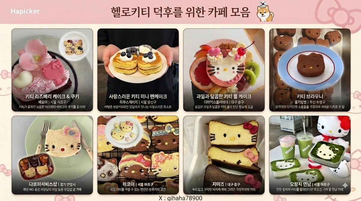 gihaha78900's tweet photo. 헬로키티 좋아하는 사람들 위한 카페 모음

1. 오랑지 연남 (서울 마포구 동교로38길 13 2층)

2. 하코이 (경기 구리시 수택천로 21 1층)

3베오이 (서울 서초구 청두곶길 39 1층)

4. 하우스게러지 (서울 용산구 신흥로 63 1층)

5. 다르히서비스샵 (경기 안양시 만안구 만안로 241-5 2층)

6. 더워커스홀리데이 (대구 중구 공평로 71 2층)

7. 지미즈 (대구 중구 동성로 8-9 1층)

8. 홈커밍랩 (부산 수영구 광안로41번길 5 1층)
