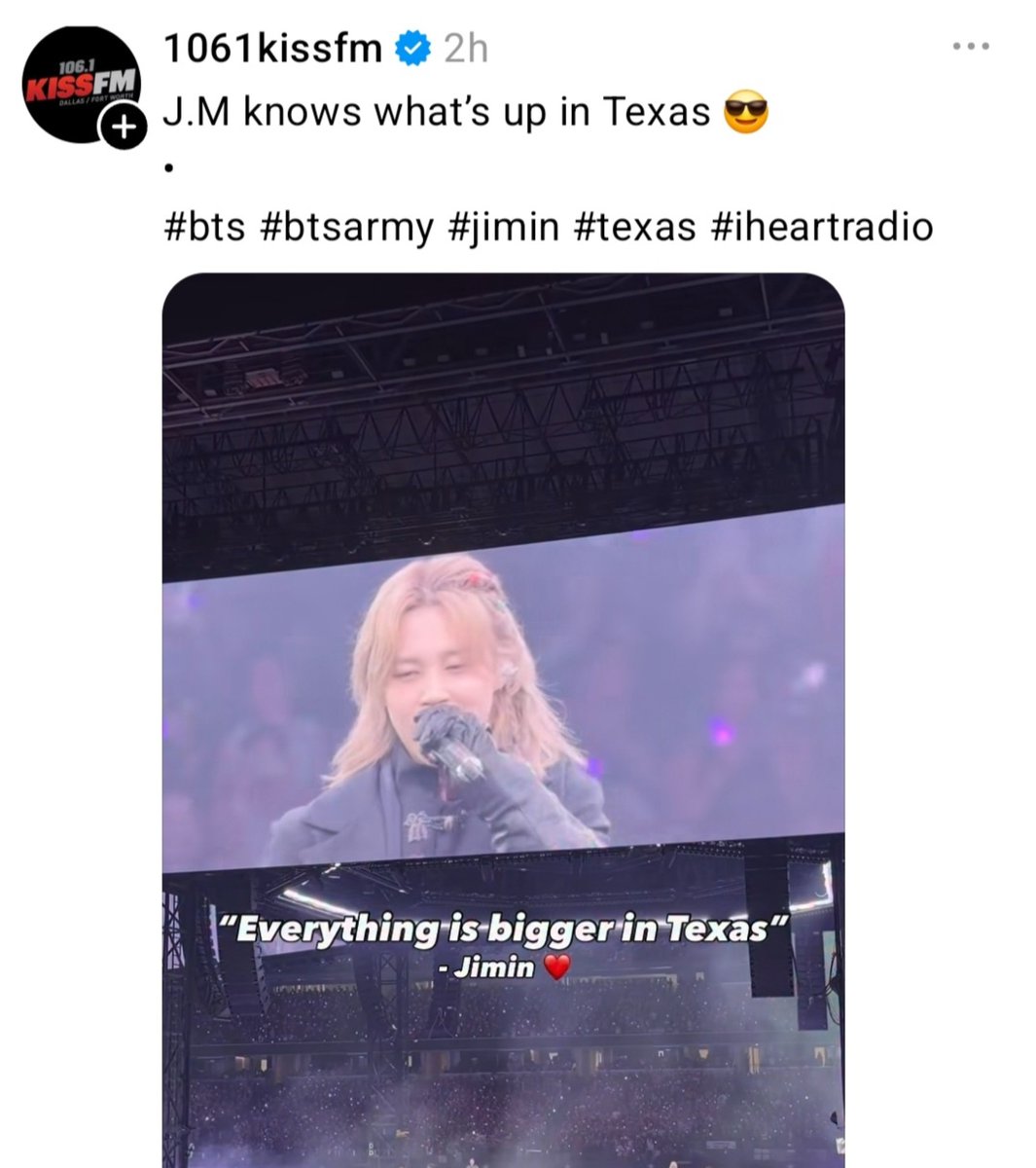 Rubrikchim's tweet photo. 1061kissfm posted on threads please engage‼️‼️‼️

JIMIN JIMIN 
JIMIN CONQUERS ARLINGTON
MAIN DANCER JIMIN
HEAVENLY VOICE JIMIN
JIMERICA JIMIN LAND
TEXAS LOVES JIMIN
#JIMIN_WORLDTOUR_ARIRANG_TEXAS
#JIMIN #지민

https://t.co/e9RwO7C5QD https://t.co/8AOO5GwGbN