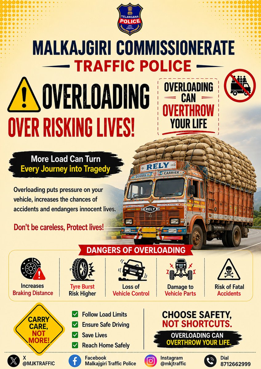 MKJTRAFFIC's tweet photo. Overloading is a serious road-safety risk. 🚛⚠️
Excess load can affect vehicle control, braking and stability, putting everyone on the road at risk. Follow the prescribed load limits. Drive Safe, Reach Safe.
#NoOverloading #RoadSafety #TrafficAwareness #SafeDriving #DriveSafe https://t.co/VkuuFziE5q