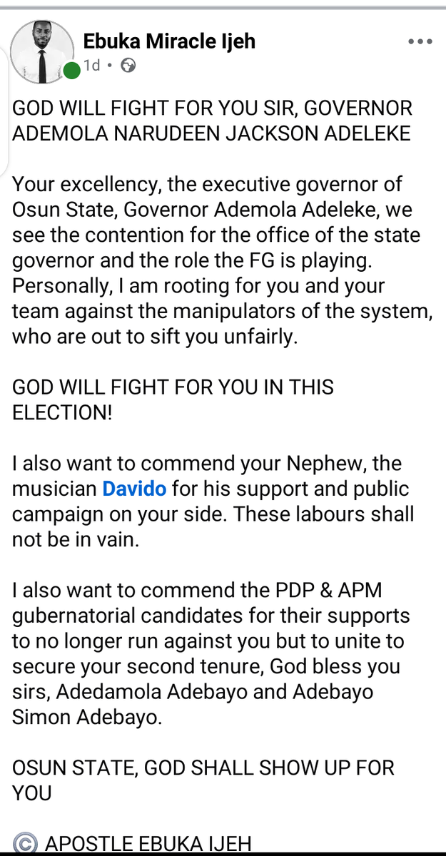ebuka_ijeh's tweet photo. Congratulations your excellency, God answers prayers. Your enemies have been put to shame.

Congratulations to @davido @davido @davido for your bold heart towards this election. God does not fail.

More wins!!! @Osun_State_Gov @Imole1Governor @Imole1Governor https://t.co/TOa6SfSqnn