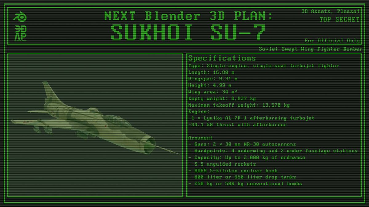 3DCG_mylife's tweet photo. Next Blender Plan: Sukhoi Su-7
#Blender #b3d #Nextplan #plan #Sukhoi #su7 #Fighter #Bomber #Plane #3d #3dmodel #3dasset #3dassetsplease #Soviet #Russia https://t.co/cwgIElcRd1