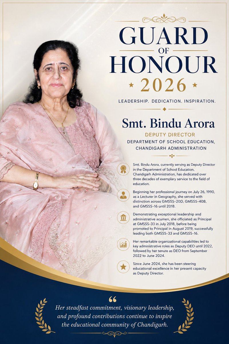 SchoolEduChd's tweet photo. A proud moment of honour and dignity! 🇮🇳
The Guard of Honour stands as a solemn tribute to service, discipline and dedication. It reflects the highest traditions of duty and reminds us that every contribution to public service strengthens the foundation of administration.
Ms. @ibinduarora was honoured by honourable Governor Punjab and Administrator Chandigarh administration for her services to the @SchoolEduChd
#GuardOfHonour #ServiceToNation #ProudMoment #Chandigarh #India
