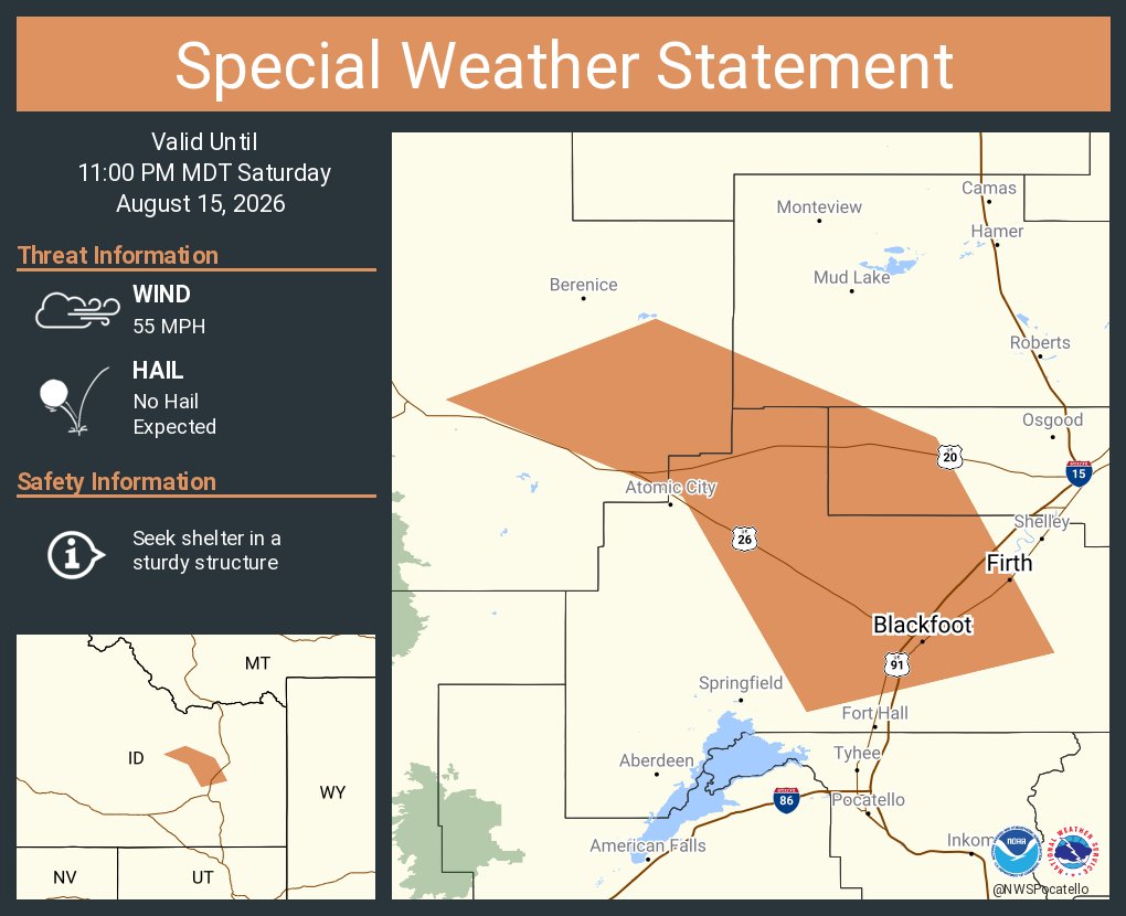 NWSPocatello's tweet photo. A special weather statement has been issued for Blackfoot ID, Moreland ID and  Groveland ID until 11:00 PM MDT #IDwx https://t.co/AlYvB4OBB5