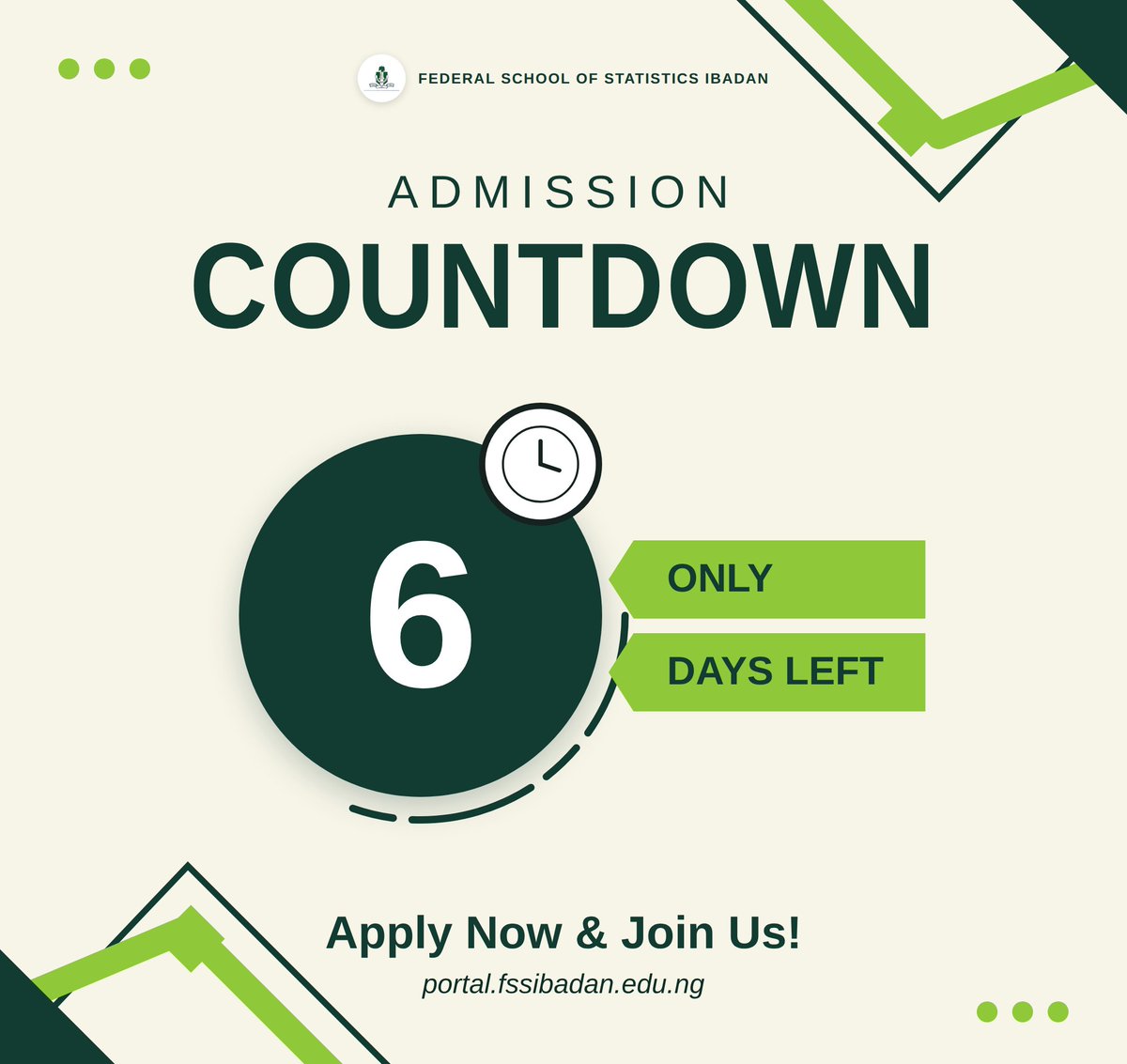 Federalsch's tweet photo. 6 days left. Screening is Saturday, 22nd August, 9:00 a.m. school premises. Plan your journey ahead of time 🚗

#FSSIbadan #FederalSchoolOfStatistics #AdmissionsOpen #PostUTME #ScreeningDay2026 #NDandHND #IbadanSchools #CharacterAndLearning https://t.co/JLVaCQfX4e