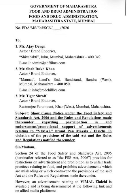 RShivshankar's tweet photo. TUKHARAM MUNDE VS B-TOWN BIG CATS
The Food and Drug Administration (FDA) has issued show-cause notices to actors Shah Rukh Khan, Ajay Devgan, and Tiger Shroff for advertising Vimal Pan Masala. The FDA has directed them to remove the advertisements from social media within 15 days under the Consumer Protection Act, warning of action if they fail to comply.