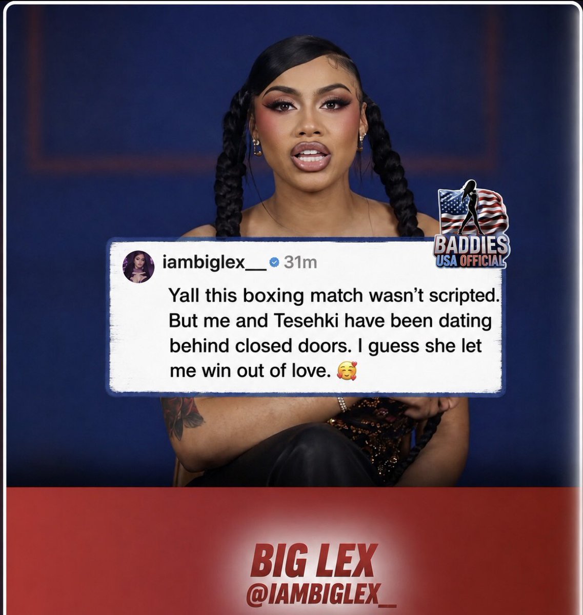 iBlameTheEdit's tweet photo. Big Lex opens up about her secret relationship with Tesehki following her big win in the boxing match. Says it may have influenced the outcome of the fight. 👀🍵 https://t.co/UBK0rqepHC
