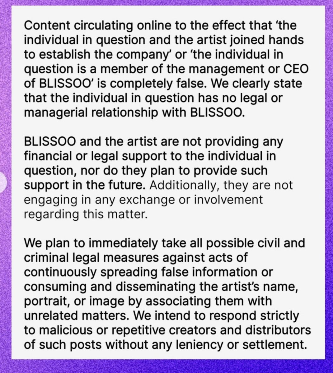 sooyaland103's tweet photo. This statement from Blissoo is just firee jisoo hire the best Attorney to handle the whole situation and in the statement jisoo didn't even call him brother just "the individual"😭😎 https://t.co/dxtTaqCu3C