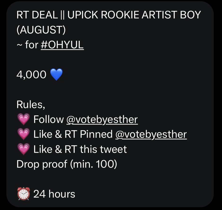 longsyat4sho's tweet photo. RT DEAL || UPICK ROOKIE ARTIST BOY (AUGUST)
~ for #OHYUL

4,000 💙

Rules,
💗 Follow @votebyesther
💗 Like &amp; RT Pinned @votebyesther 
💗 Like &amp; RT this tweet 
Drop proof (min. 100) 

⏰ 24 hours https://t.co/7Qiqd8AIlg