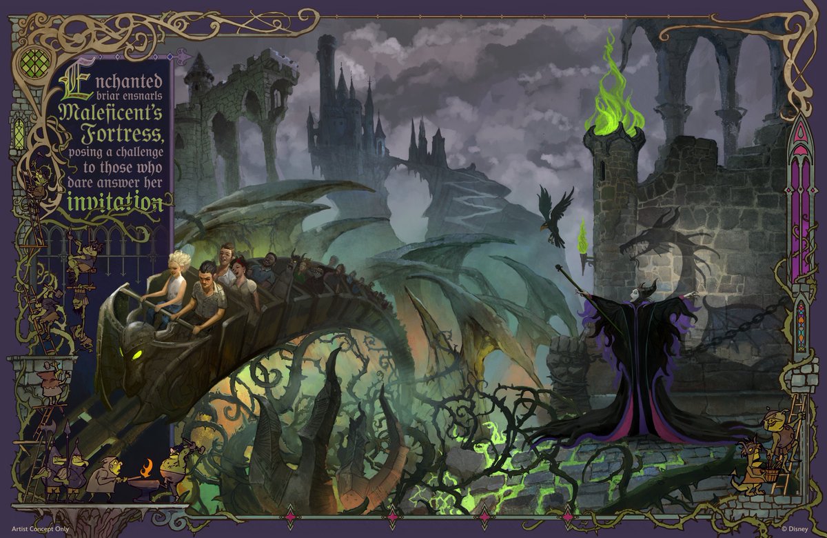 DWFJP's tweet photo. マジックキングダムに建設予定の「Villains Land」に、マレフィセントをテーマにした大型ジェットコースターの建設が発表されました！🐉🔥
 #D23 https://t.co/iQbEYzHtyn