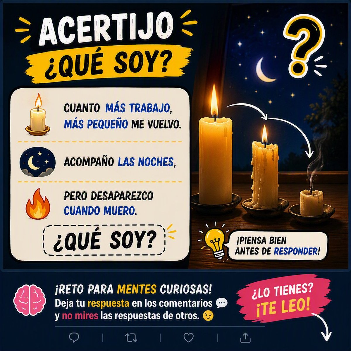 AbdelCordero's tweet photo. 🕯️ Nuevo reto para los observadores.
La respuesta está en las pistas, pero muchos se confían y fallan. 👀
❌ No mires los comentarios. ✅ Lee con calma. ✅ Deja tu respuesta.
¿La acertas en menos de 10 segundos?
👇 #Acertijo #Adivinanza #RetoMental #PiensaRápido #JuegosMentales https://t.co/TmE3e547uG